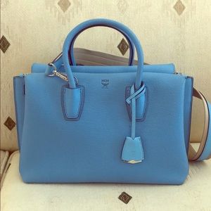 MCM Milla Medium Tile Blue Leather Tote